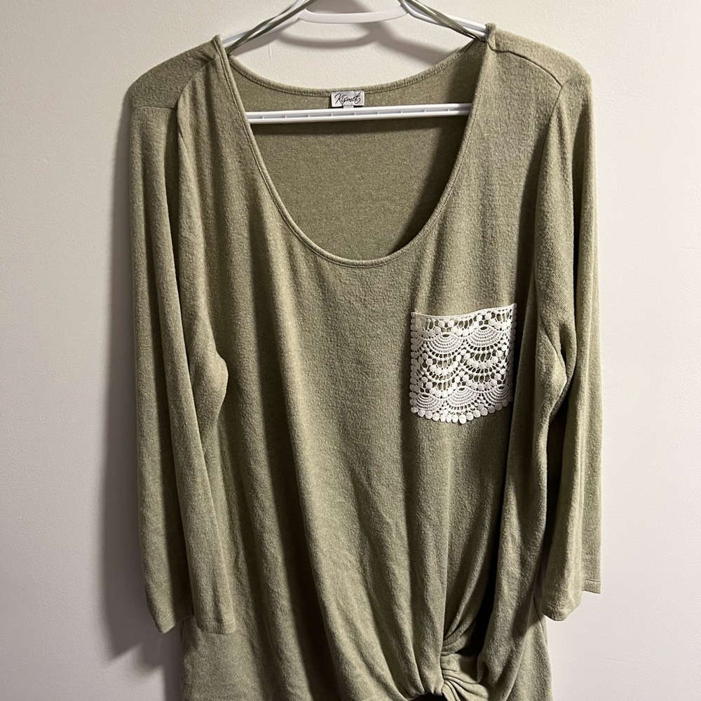 Olive Green Women's Top with Lace Pocket